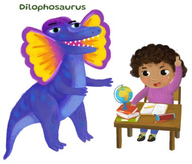 cartoon happy and funny colorful prehistoric dinosaur dino dilophosaurus isolated illustration for kids with child pointing on animal and reading learing school book of natural history clipart