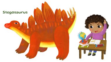 Mutlu ve komik, renkli tarih öncesi dinozor Stegosaurus çizgi filmi, çocuğu hayvanı işaret eden ve doğa tarihini anlatan Learing Okulu kitabı okuyan çocuklar için izole edilmiş bir resimdir.