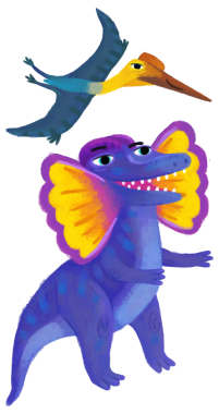 çizgi film mutlu ve komik renkli tarih öncesi dinozor dilophosaurus ve quetzalcoatlus pterodactyl çocuklar için izole edilmiş çizimler.