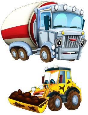 İnşaat alanı için ağır yük taşıyan araba nakliye aracıyla karikatür sahnesi çocuklar için izole edilmiş.