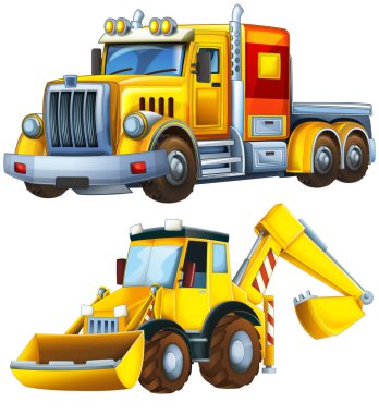 İnşaat alanı için ağır yük taşıyan araba nakliye aracıyla karikatür sahnesi çocuklar için izole edilmiş.