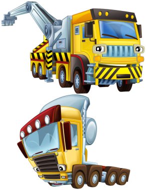 İnşaat alanı için ağır yük taşıyan araba nakliye aracıyla karikatür sahnesi çocuklar için izole edilmiş.