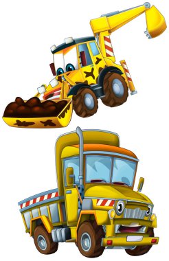 İnşaat alanı için ağır yük taşıyan araba nakliye aracıyla karikatür sahnesi çocuklar için izole edilmiş.