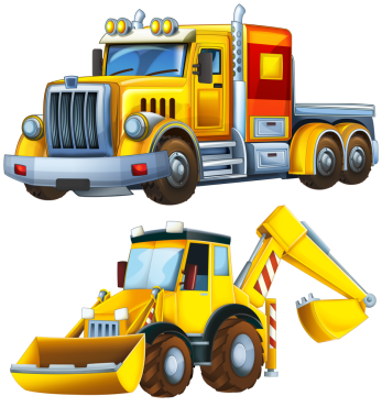 İnşaat alanı için ağır yük kamyonu nakliye aracıyla karikatür sahnesi çocuklar için izole edilmiş