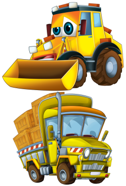 İnşaat alanı için ağır yük kamyonu nakliye aracıyla karikatür sahnesi çocuklar için izole edilmiş