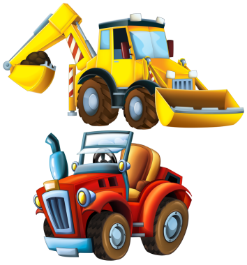 İnşaat alanı için ağır yük kamyonu nakliye aracıyla karikatür sahnesi çocuklar için izole edilmiş