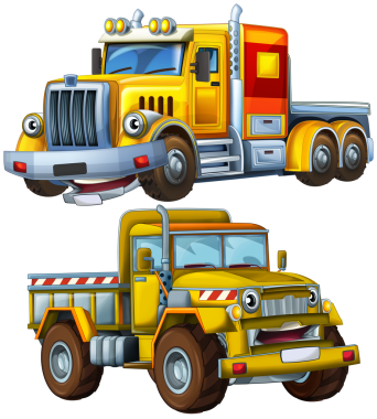 İnşaat alanı için ağır yük kamyonu nakliye aracıyla karikatür sahnesi çocuklar için izole edilmiş