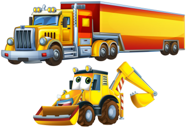 İnşaat alanı için ağır yük kamyonu nakliye aracıyla karikatür sahnesi çocuklar için izole edilmiş