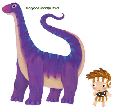 Mağara adamı insan çizgi filmi mutlu ve komik tarih öncesi dinozor dino argentinosaurus çocuğu hayvanları işaret eden çocuklar için izole edilmiş.