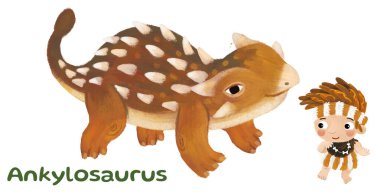 Mağara adamı insan çizgi filmi mutlu ve komik. Tarih öncesi dinozor dinozor ankylosaurus, çocuğu hayvanları işaret eden çocuklar için izole edilmiş.