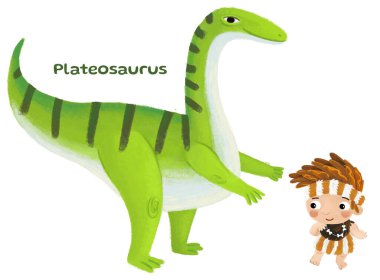 caveman human cartoon happy and funny colorful prehistoric dinosaur dino plateosaurus isolated illustration for kids with child pointing on animal clipart