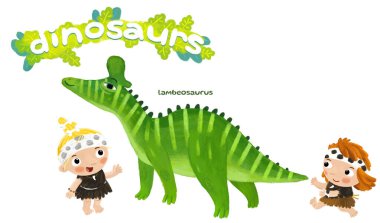 Mağara adamı insan çizgi filmi mutlu ve komik. Tarih öncesi dinozor dinazoru Lambeosaurus, çocuğu hayvanları işaret eden çocuklar için izole edilmiş.