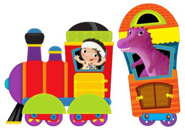 Dinozor dinozor, kertenkele ve mağara adamı kondüktörlü komik renkli bir vagon çocuklar için izole edilmiş.