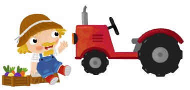 Çiftçinin durduğu bir karikatür sahnesi. Traktör yakınlarında çocuklar için izole edilmiş bir arka plan çizimi yapıyor.