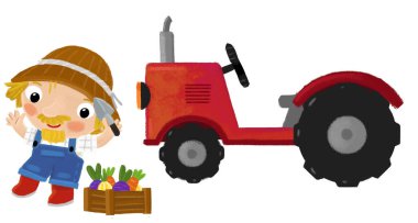 Çiftçinin durduğu bir karikatür sahnesi. Traktör yakınlarında çocuklar için izole edilmiş bir arka plan çizimi yapıyor.