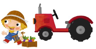Çiftçinin durduğu bir karikatür sahnesi. Traktör yakınlarında çocuklar için izole edilmiş bir arka plan çizimi yapıyor.