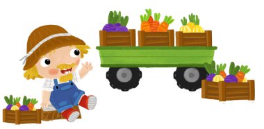 Çiftçinin ayakta durduğu bir karikatür sahnesi. Çocuklar için izole edilmiş sebzeli traktör römorkunun yanında aktivite yapıyor.