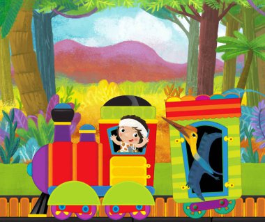 Çizgi film komik görünümlü lokomotif vagon Dinozor dinozor hayvan kertenkelesi ve mağara adamı kondüktörü çocuklar için orman illüstrasyonunun yanındaki raylarda