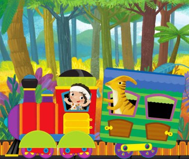 Çizgi film komik görünümlü lokomotif vagon Dinozor dinozor hayvan kertenkelesi ve mağara adamı kondüktörü çocuklar için orman illüstrasyonunun yanındaki raylarda