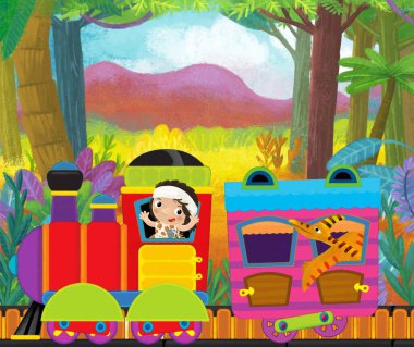 Çizgi film komik görünümlü lokomotif vagon Dinozor dinozor hayvan kertenkelesi ve mağara adamı kondüktörü çocuklar için orman illüstrasyonunun yanındaki raylarda