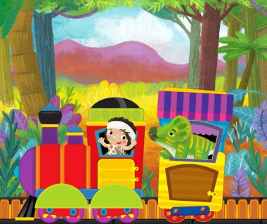 Çizgi film komik görünümlü lokomotif vagon Dinozor dinozor hayvan kertenkelesi ve mağara adamı kondüktörü çocuklar için orman illüstrasyonunun yanındaki raylarda