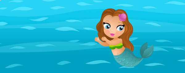 Cartoon ocean and the mermaid in underwater kingdom swimming diving with sea animal illustration for children