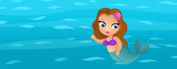 Cartoon ocean and the mermaid in underwater kingdom swimming diving illustration for children