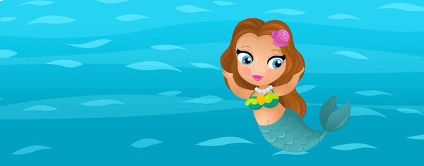 Cartoon ocean and the mermaid in underwater kingdom swimming diving illustration for children