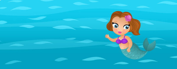 Cartoon ocean and the mermaid in underwater kingdom swimming diving illustration for children