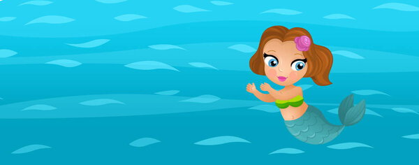 Cartoon ocean and the mermaid in underwater kingdom swimming diving illustration for children