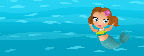 Cartoon ocean and the mermaid in underwater kingdom swimming diving illustration for children