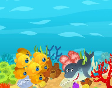 Çizgi film okyanusu ve deniz mercan resifleri çocuklar için su altı krallığının yüzme nükteli resimleri.