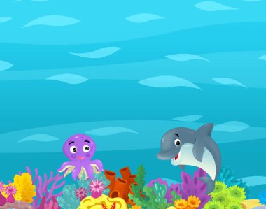 Çizgi film okyanusu ve deniz mercan resifleri çocuklar için su altı krallığının yüzme nükteli resimleri.