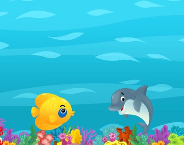 Çizgi film okyanusu ve deniz mercan resifleri çocuklar için su altı krallığının yüzme nükteli resimleri.