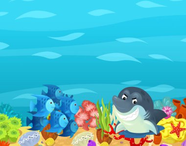 Çizgi film okyanusu ve deniz mercan resifleri çocuklar için su altı krallığının yüzme nükteli resimleri.