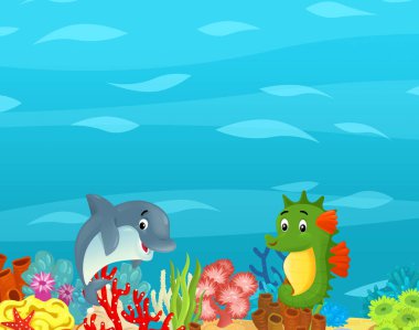 Çizgi film okyanusu ve deniz mercan resifleri çocuklar için su altı krallığının yüzme nükteli resimleri.