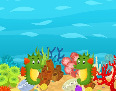 Çizgi film okyanusu ve deniz mercan resifleri çocuklar için su altı krallığının yüzme nükteli resimleri.