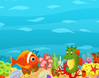 Çizgi film okyanusu ve deniz mercan resifleri çocuklar için su altı krallığının yüzme nükteli resimleri.