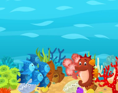 Çizgi film okyanusu ve deniz mercan resifleri çocuklar için su altı krallığının yüzme nükteli resimleri.