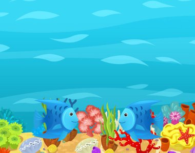 Çizgi film okyanusu ve deniz mercan resifleri çocuklar için su altı krallığının yüzme nükteli resimleri.