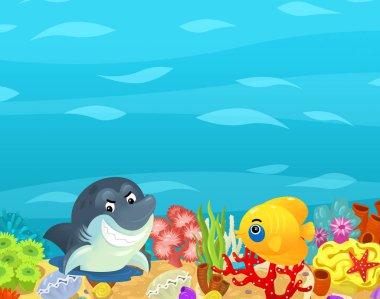 Çizgi film okyanusu ve deniz mercan resifleri çocuklar için su altı krallığının yüzme nükteli resimleri.