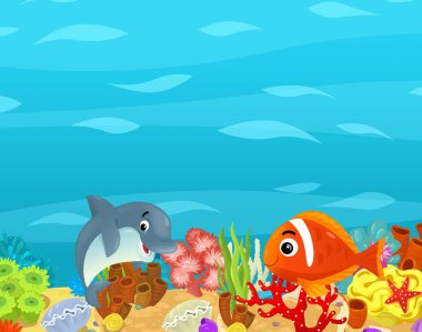 Çizgi film okyanusu ve deniz mercan resifleri çocuklar için su altı krallığının yüzme nükteli resimleri.