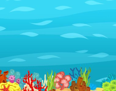 Çizgi film okyanusu ve deniz mercan resifleri çocuklar için su altı krallığının yüzme nükteli resimleri.