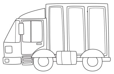 Beyaz arkaplan boyama sayfasında kargo kamyonu olan çizgi film sahnesi çocuklar için izole edilmiş resimleme