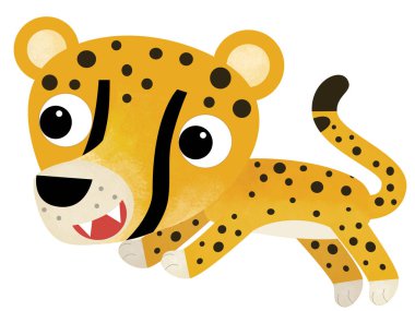 Mutlu tropikal kedi çitalı karikatür sahnesi çocuklar için izole edilmiş.