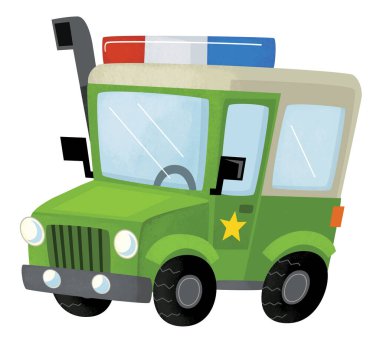 Çizgi film sahnesi, off road polis arabası. Şerif gibi. Çocuklar için izole edilmiş bir resim.