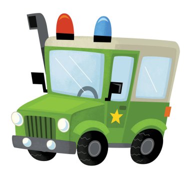 Çizgi film sahnesi, off road polis arabası. Şerif gibi. Çocuklar için izole edilmiş bir resim.