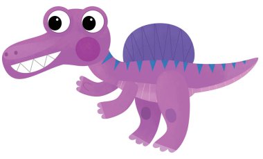 Mutlu tarih öncesi hayvan spinosaurus velociraptor dino dinozorun olduğu çizgi film sahnesi çocuklar için beyaz arkaplanda izole edilmiş bir şekilde gülümsüyor ve yürüyor.