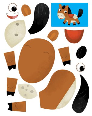 Karakter bulmacası ile çizgi film sahnesi kesme alıştırma kılavuzu ile makas çiftlik hayvanları at çizimi çocuklar için kesim