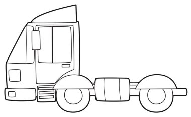 Beyaz arkaplan boyama sayfasında kargo kamyonu olan çizgi film sahnesi çocuklar için izole edilmiş.